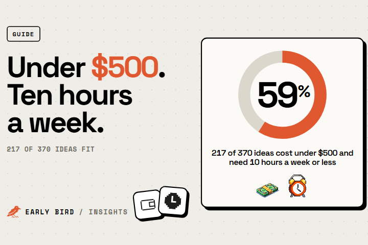 Ring chart showing 59% of 370 researched ideas cost under $500 and fit into ten hours a week, with a budget icon and a clock icon