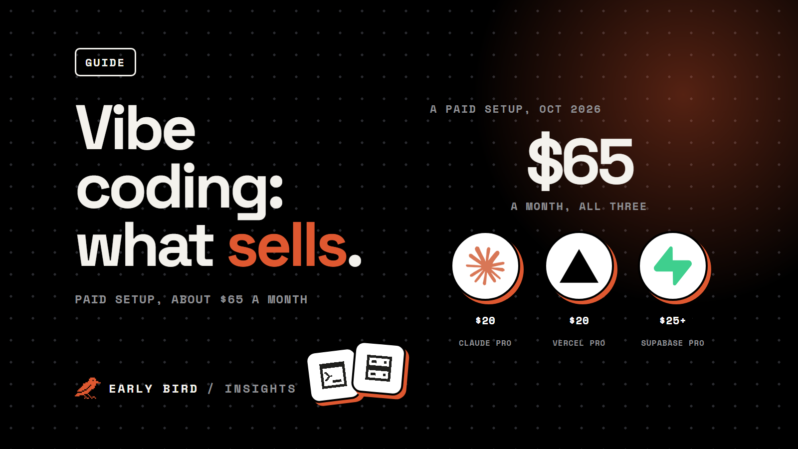 Tool logos with monthly plan prices for vibe coding: Claude Pro $20, Vercel Pro $20, Supabase Pro from $25